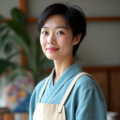 熟練の日本人染め職人、田中美咲氏のポートレート